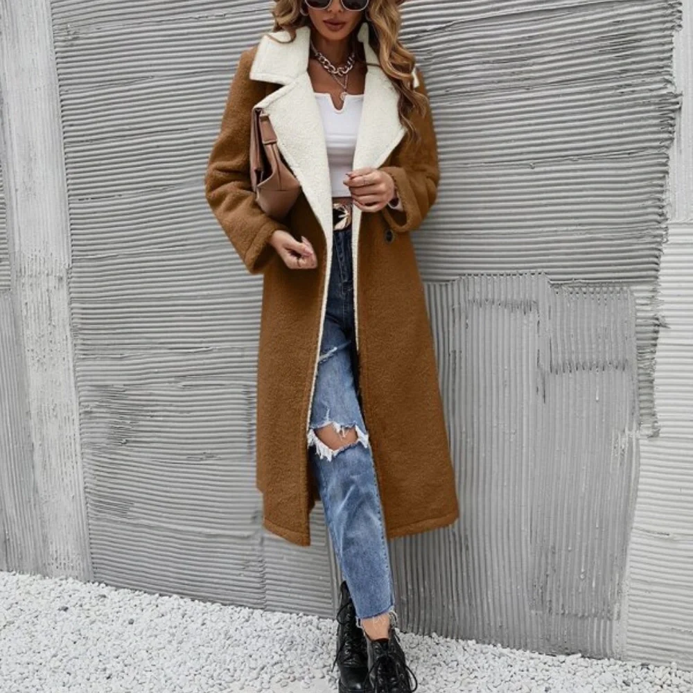 Cozy Khaki Teddy Long Coat Jacket Minimalist - Picture 5 of 12